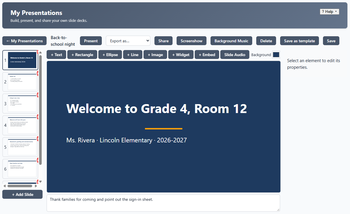 A back-to-school night presentation in the slide editor