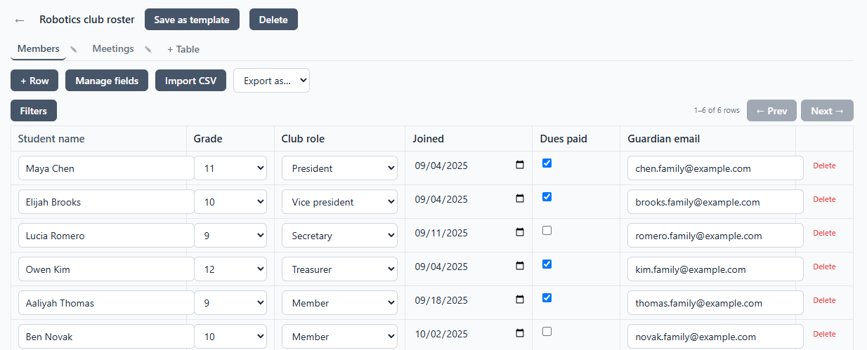 A robotics club roster with dropdowns, dates and checkboxes